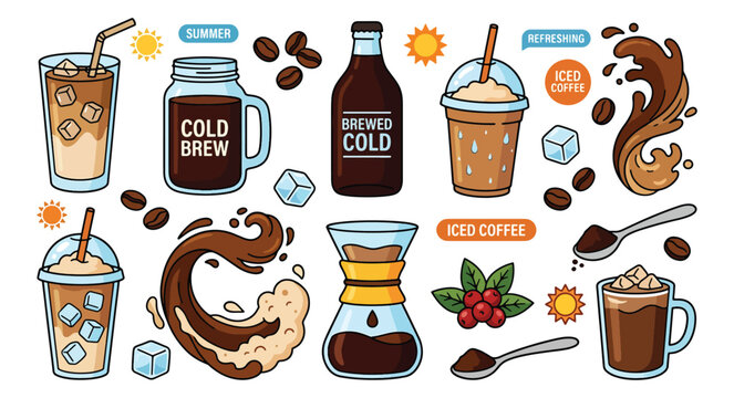 Collection of refreshing iced coffee drinks cold brew coffee beans and brewing equipment.