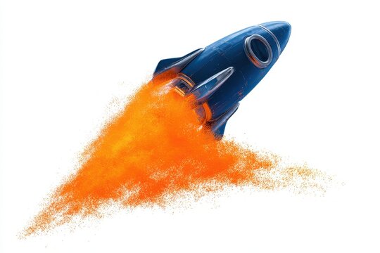 A blue rocket ship taking off, leaving a trail of bright orange dust or particles behind it, isolated on white background