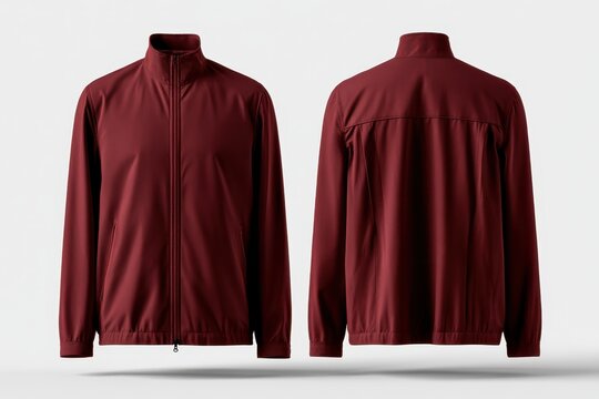 Front and back view of a maroon zipup windbreaker jacket with a high collar and elastic cuffs, isolated on white background