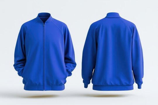 Front and back view of a blue zipup bomber jacket with raglan sleeves and ribbed trim, isolated on white background