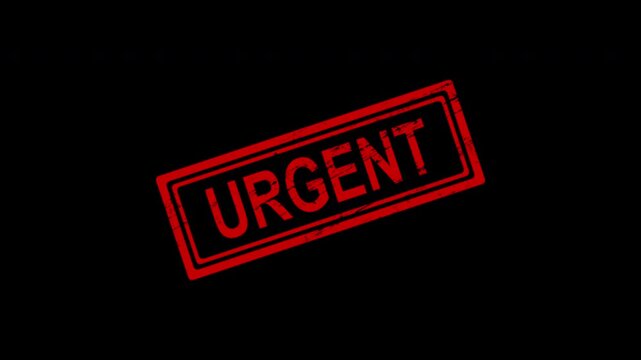 Urgent red rubber stamp impression on black background, contrast grunge text effect for business notifications and alerts