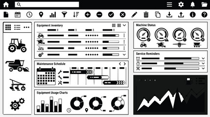 Fototapeta premium Farm equipment management dashboard interface with icons and data visualizations