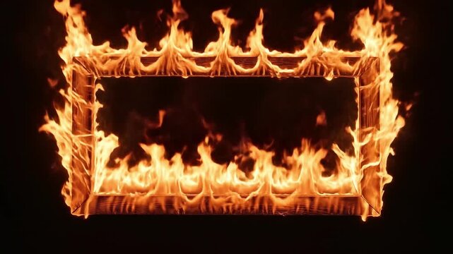 A rectangular wooden frame engulfed in bright orange flames isolated against a plain background
