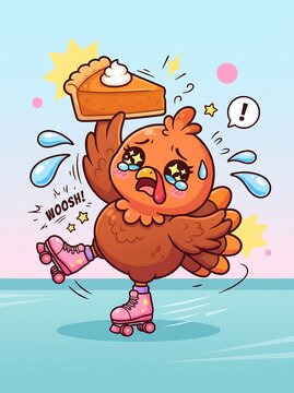 A whimsical illustration depicts a distressed turkey on roller skates precariously balancing a slice of pumpkin pie evoking a sense of chaotic