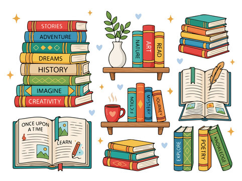 Colorful stack of books with reading themes and flying book