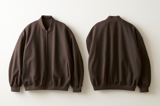 Front and back view of a brown bomber jacket mockup, blank zipup sweatshirt template for streetwear fashion brand, plain casual outerwear design