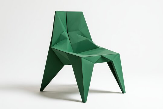 Modern green chair with geometric origamiinspired design isolated on white background