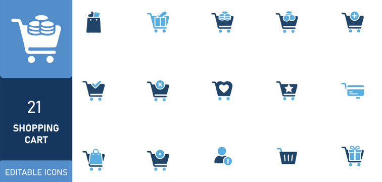 Comprehensive collection of editable shopping cart icons for diverse e commerce and retail applications