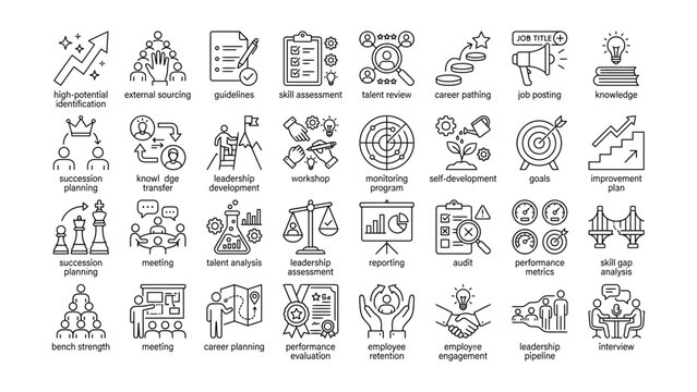 Set of talent management and employee development icons with transparent background