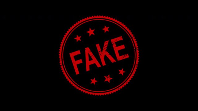 Red grunge fake stamp animation on black background, concept of misinformation and deception seal