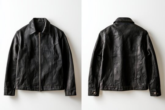 Front and back view of a black leather jacket isolated on white background