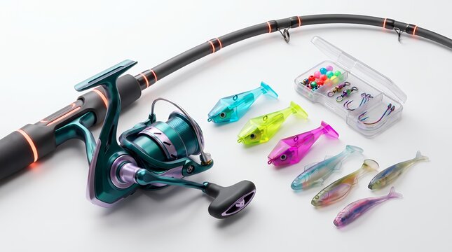 Futuristic Iridescent Fishing Rod Reel Lures and Tackle Set Isolated on White