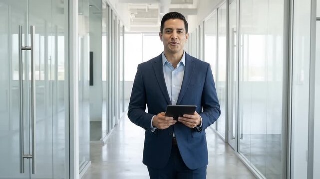 Professional businessman walking in modern office hallway holding a digital tablet device.