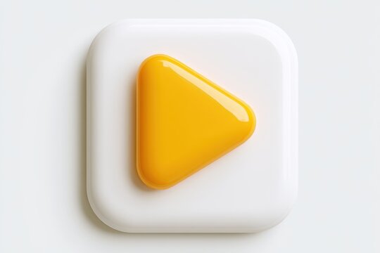 A 3d rendered play button icon with a glossy yellow triangle on a white square base, isolated on white background