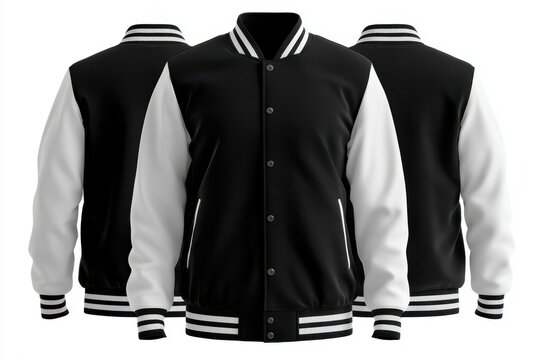 Group of black and white varsity jackets showing front and back views, isolated on white background
