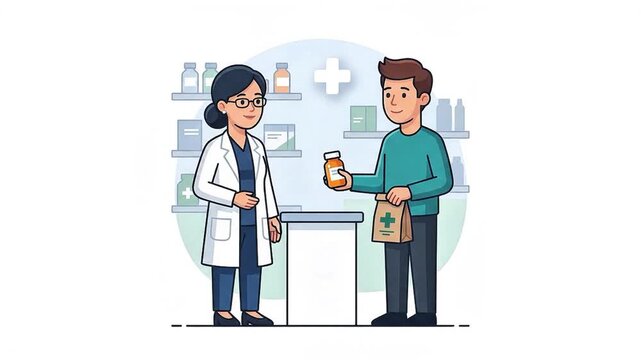 Pharmacist Handing Medication Bottle and Paper Bag to a Customer in a Pharmacy Store Illustration