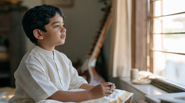 A child at home watching a screen while an essential oil distiller coordinates remotely with a supplier about cedar wood for a handcrafted sitar neck, a spool of binding thread