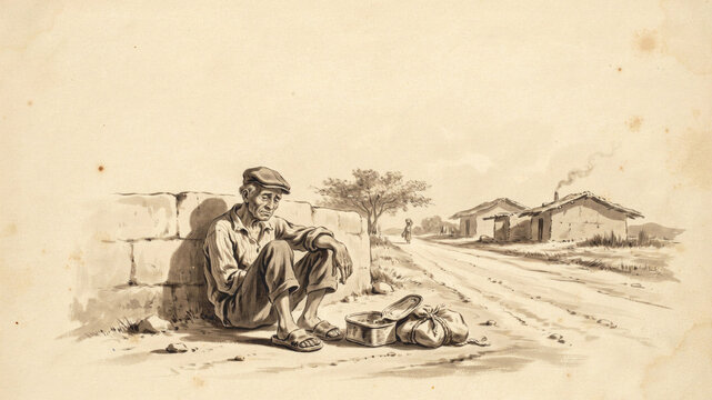 Homeless man sitting by stone wall near countryside village with homeless