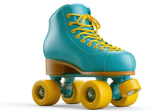 3d render of a vintage teal roller skate with yellow wheels isolated on white background