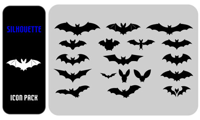 Fototapeta premium Collection of various black bat silhouettes isolated on a light grey background for halloween design and decoration