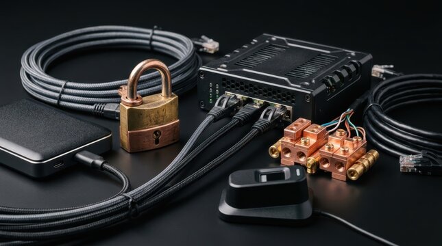 Ethernet cables, padlock, server module, external drive, fingerprint reader, and connector blocks on a black work surface.