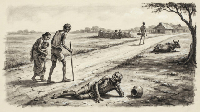 Historical pencil sketch illustration depicting poverty and hardship