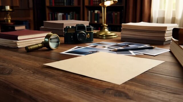 Realistic tabletop workspace with vintage camera, magnifying glass, and books on wood desk for analytical process and systematic investigation work