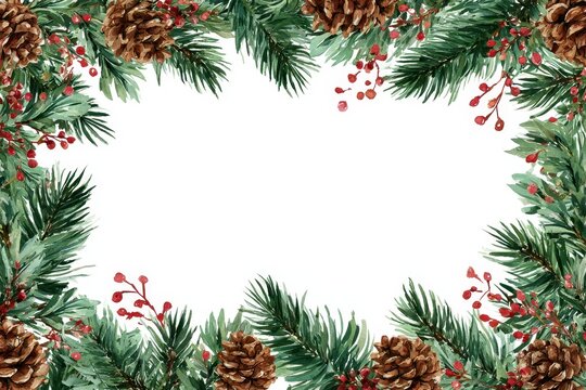 Watercolor christmas frame with pine branches, pinecones and red berries isolated on white background