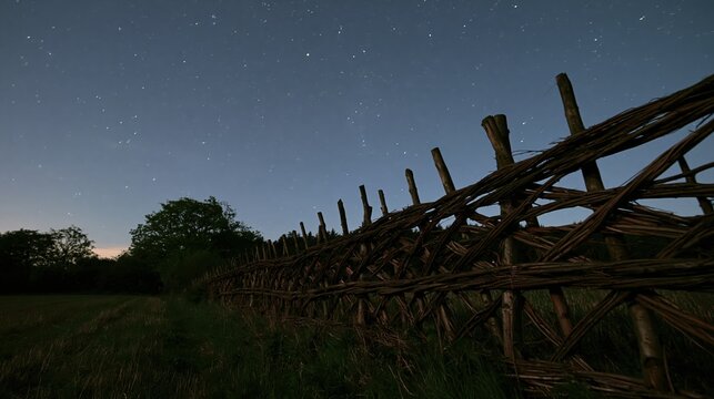 Handcrafted Wattle Fence Under Night Sky and Stars