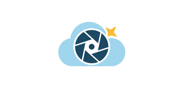 Camera lens aperture icon is placed in front of a soft blue cloud with a bright yellow star against a white background.