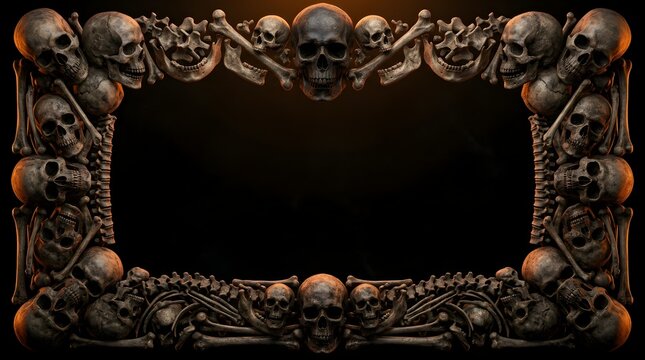 Rectangular frame made of human skulls and bones on dark background