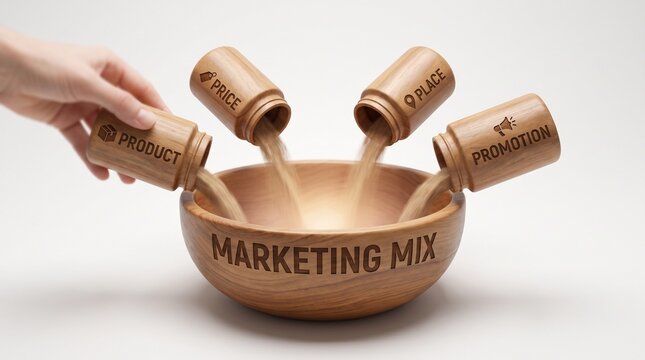 Four wooden jars labeled product, price, place, and promotion pouring ingredients into a wooden mixing bowl, representing the four Ps of marketing mix strategy concept