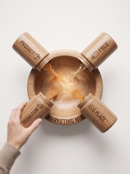 Four Ps of marketing mix strategy concept with wooden jars labeled product, price, promotion, and place pouring ingredients into a mixing bowl, isolated on white background