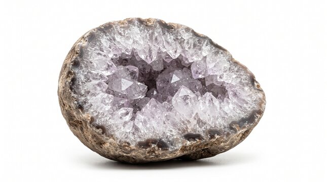Natural geode half filled with sparkling quartz crystals and intricate mineral formations, ideal for geology, luxury, jewelry, wellness, and natural texture concepts. Isolated on White background.