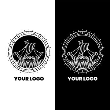 Vintage Viking ship logo badge line art emblem for maritime adventure and nautical branding