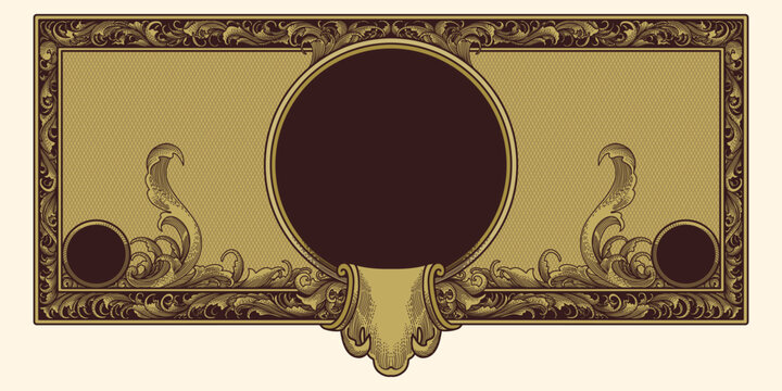 Vintage ornate certificate frame border template with blank central medallion for diploma money design