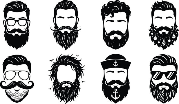 Set of eight male head silhouettes featuring various beard styles, mustaches, glasses, and hats, isolated on a white background