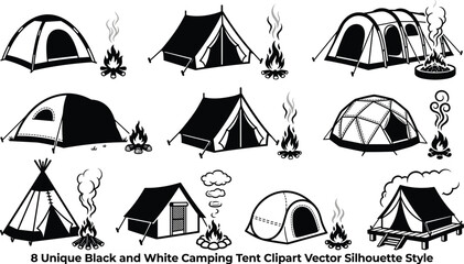 Set of nine different black and white camping tent silhouettes and campfire isolated on a white background, for outdoor adventure © MD