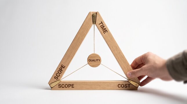 Hand adjusting a wooden triple constraint triangle representing the project management concept of balancing scope, cost, time, and quality