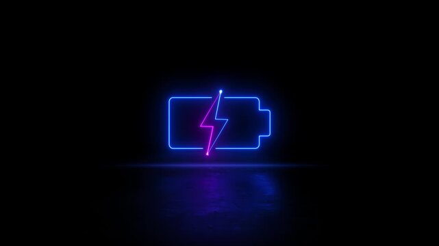 Neon glowing blue and purple with reflect Battery icon video animation. Neon lighting battery charge level video animation. Battery Charging icon animation. Battery sign motion.