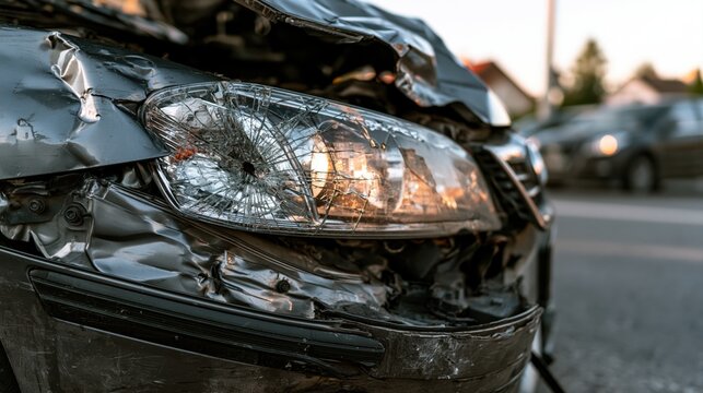 Crushed Car Hood and Shattered Headlight at Dusk