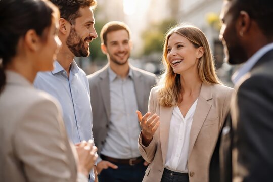 Diverse business team of professionals smiling and conversing outdoors during a friendly corporate networking meeting