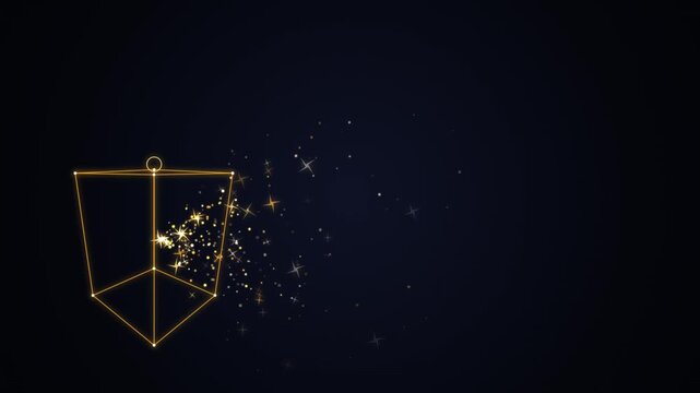 Abstract golden geometric cube with glowing particle dust motion background