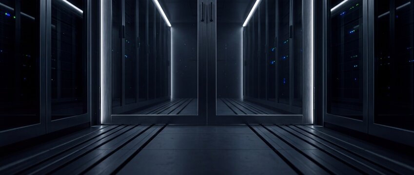 Closed metallic server room doors with soft internal lighting in dark hallway enhance security and access control for professional cloud computing storage facility.