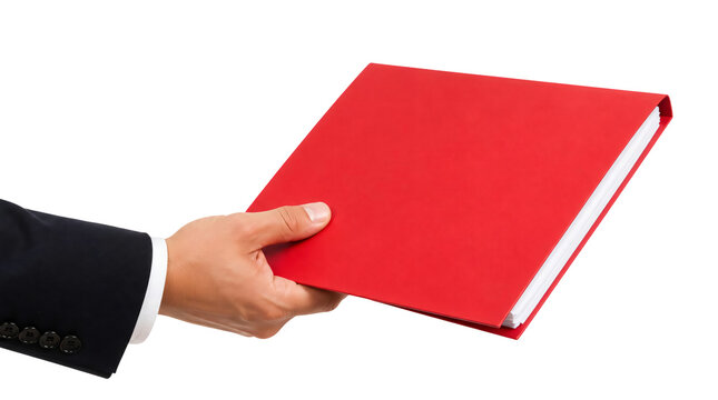 Hand holding red file folder with white documents isolated on transparent background