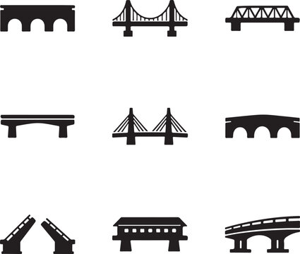Bridge silhouette vector icon set featuring arches, suspension and modern bridges, editable EPS clipart for Adobe Stock.