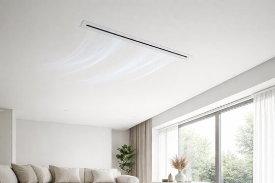Ceiling mounted linear slot diffuser in a modern living room showing smooth airflow distribution from HVAC system