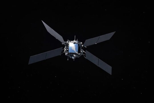 Advanced space technology satellite operating in Earth orbit with deployed solar panels for power generation