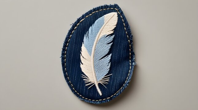 Oval denim patch featuring a delicate blue and white feather embroidery.