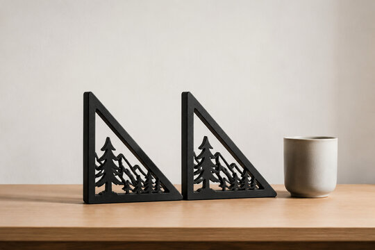 Two identical triangular bookends in row on oak desk with ceramic cup, minimalist desk organization concept